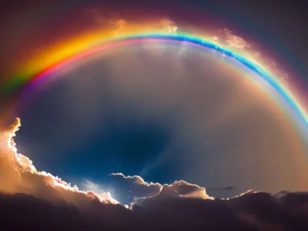 foto com efeito do arco íris no céu, o reflexo da luz solar e o contraste das nuvens bem brancas ao lado. O azul do arco íris se destaca por algum efeito artificial pela inteligência artificial.