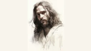 desenho do rosto até o tronco de Jesus Cristo em preto e branco, vestindo um vestido.