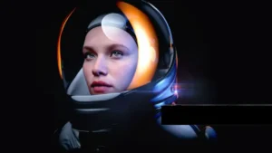 imagem do bonito rosto de uma mulher branca, vestindo um capacete de astronauta, feito pela IA, O fundo é preto e o capacete e a roupa que aparece até os ombros também é preta.
