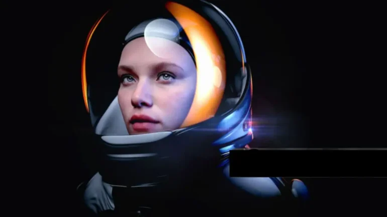 imagem do bonito rosto de uma mulher branca, vestindo um capacete de astronauta, feito pela IA, O fundo é preto e o capacete e a roupa que aparece até os ombros também é preta.