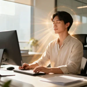 imagem de um rapaz com traços orientais vestindo camisa bege clara, trabalhando em mesa, sentado a frente do computador,com os olhos fechados e uma expressão de satisfação. Em volta do seu rosto uma áura de luz. Ao fundo, uma janela, uma plantinha e a luz do sol entrando e iluminando todo o ambiente.