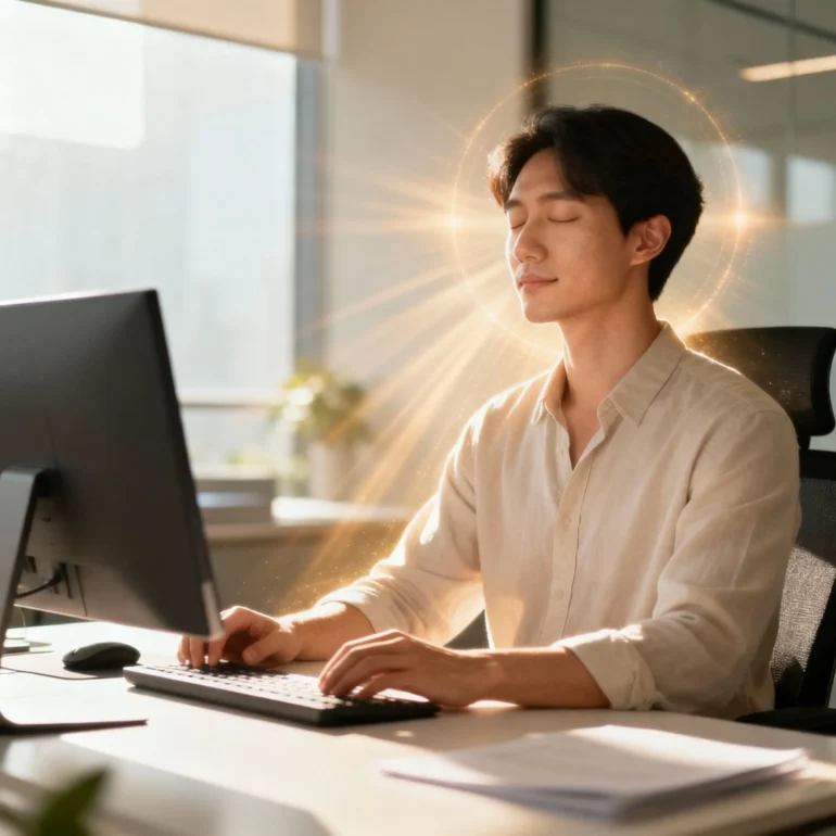 imagem de um rapaz com traços orientais vestindo camisa bege clara, trabalhando em mesa, sentado a frente do computador,com os olhos fechados e uma expressão de satisfação. Em volta do seu rosto uma áura de luz. Ao fundo, uma janela, uma plantinha e a luz do sol entrando e iluminando todo o ambiente.