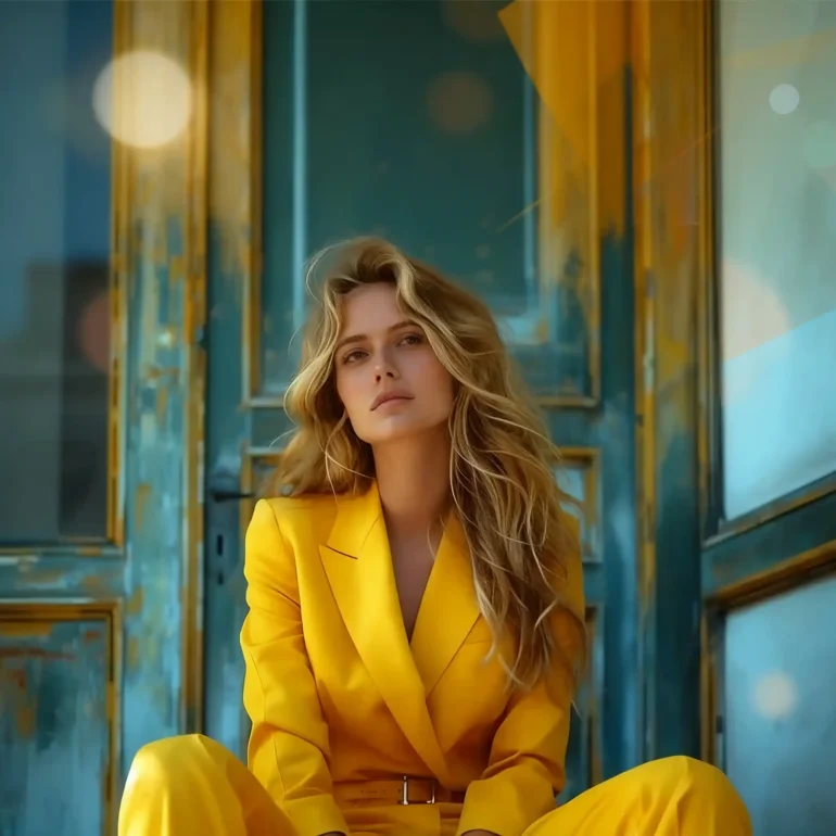 imagem de uma mulher linda mulher loira com conjunto de blazer e calça amarelo, com os longos cabelos soltos, sentada nas escadarias a frente de uma porta de madeira com pátina em tons azuis.