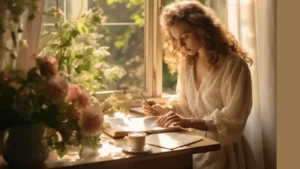 Linda imagem de bonita uma mulher de cabelos cacheados loiros e compridos um pouco abaixo dos obros, vestindo vestido de renda branco, sentada à mesa de madeira cor clara, com alguns papeis sobre a mesa e segurando um lápis à mão direita. Em cima da mesa flores, e uma xícara branca branca em cima do píres. Ao fundo a uma janela de vidro com olduras brancas e uma cortina branca, e a luz do sol entrando sobre a mesa e os cabelos da moça. Imagem feita por IA.