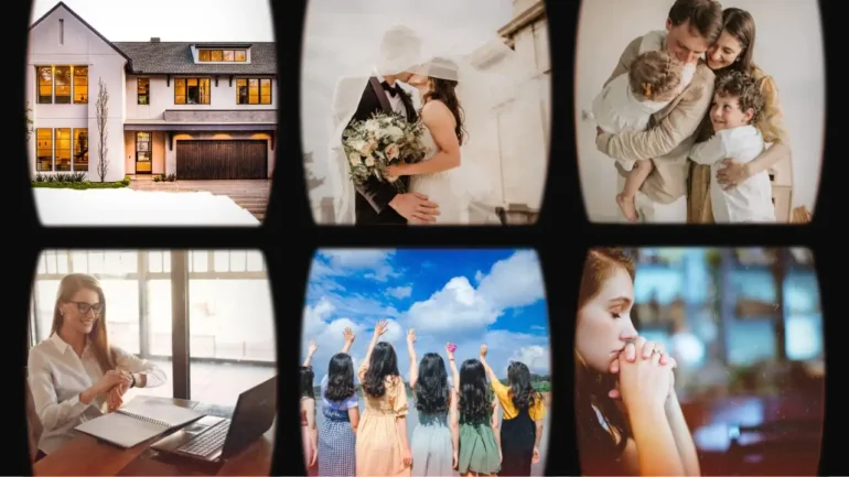 um quadro com 6 fotos em diferentes situações e paisagens: uma grande casa de 2 andares. um casal casando, um casal com 2 filhos, uma mulher loira cabelos compridos soltos usando óculos na frente do computador olhando para o relógio no pulso e sorrindo, 6 mulheres vestindo vestidos olhando para o horizonte, uma mulher de cabelos compridos orando na igreja.