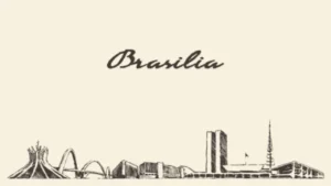 um desenho em um papel amarelado escrito: Brasília. E com os desenhos da Catedral, Ponte JK, Shopping Conjunto Nacional, STF, Congresso Nacional e Palácio da Alvorada.