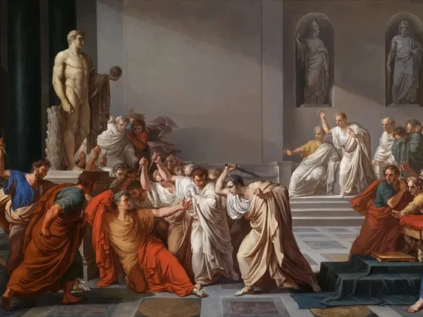 Imagem de uma pintura do Senado Romano, o episódio em que Júlio César é atacado a facadas pelos senadores dentro do Senado.