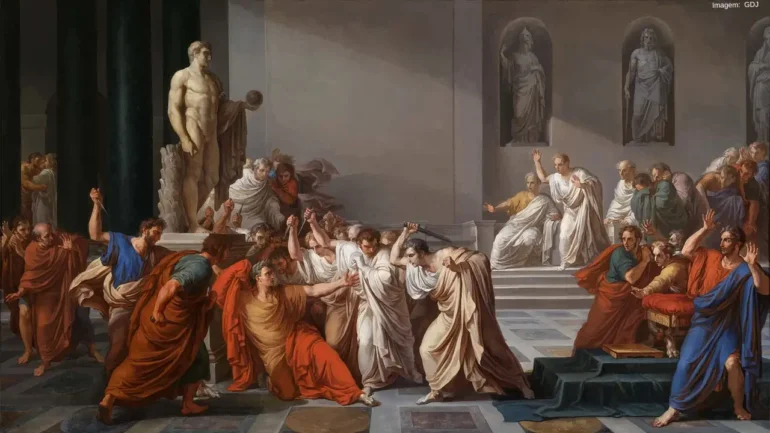 Imagem de uma pintura do Senado Romano, o episódio em que Júlio César é atacado a facadas pelos senadores dentro do Senado.