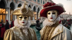 Foto de duas pessoas fantasiadas de fantoches utilizando máscaras e chapéus. Ao fundo, a cidade de Veneza, aparecendo parte do seu lago.