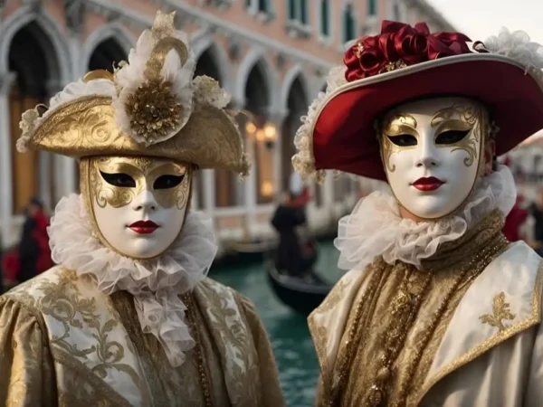 Foto de duas pessoas fantasiadas de fantoches utilizando máscaras e chapéus. Ao fundo, a cidade de Veneza, aparecendo parte do seu lago.