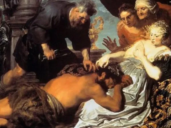 Pintura de Anthony Van Dyck de Sansão e Dalila. Sansão estã dormindo no colo de Dalila, que está com o peito esquerdo desnudo. Duas mulheres atrás dela olham com assombro, enquanto um homem está com a tesoura prestes a cortar os cabelos de Sansão. Enquanto isso, guardas armados aguardam.