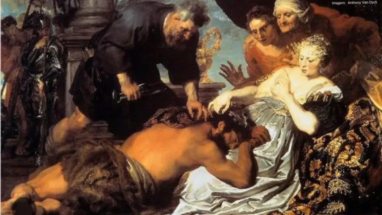 Pintura de Anthony Van Dyck de Sansão e Dalila. Sansão estã dormindo no colo de Dalila, que está com o peito esquerdo desnudo. Duas mulheres atrás dela olham com assombro, enquanto um homem está com a tesoura prestes a cortar os cabelos de Sansão. Enquanto isso, guardas armados aguardam.