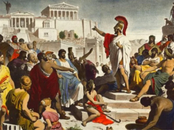 Imagem da pintura de Philipp Foltz, PÉRICLES. A pintura mostra um discurso do estadista grego Péricles, cercado por vários cidadãos, em frente ao Palácio.