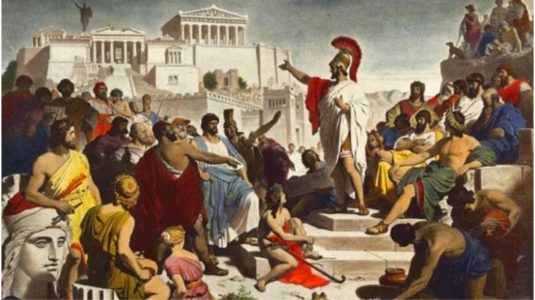 Imagem da pintura de Philipp Foltz, PÉRICLES. A pintura mostra um discurso do estadista grego Péricles, cercado por vários cidadãos, em frente ao Palácio.