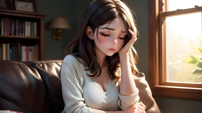 desenho de uma linda adolescente, cabelos castanhos, blusa branca, olhos fechados, sentada em uma escrivaninha, com a mão esquerda apoiando o rosto tristinho.