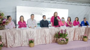 foto de 5 mulhers vestidas de rosa, uma outra vestida de azul, um homem com camisa rosa, outro de branco e outro de preto sentados a frente de uma grande mesa com toalha branca, em cima de um palco, em uma cerimônia de abertura de um evento de Reconstrução Mamária.