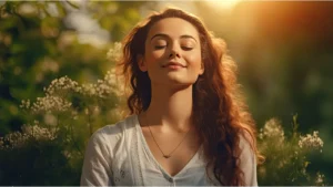 imagem de uma bonita jovem de cabelos castanhos, vestindo uma blusa branca, com os olhos fechados e um sorriso de satisfação nos lábios. Ao fundo, a imagem desfocada da natureza.