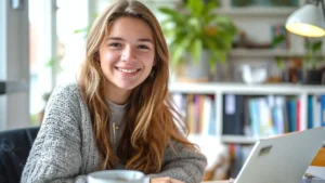 foto de uma linda adolescente loira sorrindo, vestindo um pullover sorrindo, sentada, apoiada em uma mesa, com um notebook aberto à sua frente, ao fundo vários livros em um estante branca, com uma planta em cima, à frente uma xícara de porcelana branca. AS luzes do sol invadem e alegram o ambiente.