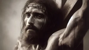 imagem em preto e branco criada por IA do rosto e o braço estendido de Jesus Cristo com a coroa de espinhos, olhando para a nós, pregado na cruz.