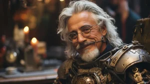 imagem feita pela IA de um velho de cabelos brancos até a altura do pescoço e barba branca, vestindo óculos e uma armadura medieval, sorrindo