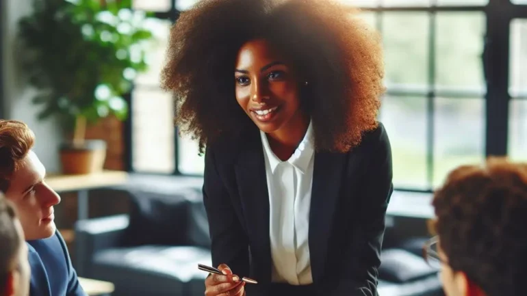 imagem feita por IA de uma jovem executiva negra com os cabelos crespos soltos, vestindo um blazer e blusa branca e um ambiente de trabalho com papel e caneta na mão, sorrindo em pé conversando com 3 homens, aparece apenas parte da cabeça deles, que estão olhando para ela. Um deles usa óculos, outro é loiro e veste terno azul.