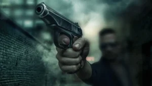 Imagem de um homem na penumbra, na rua, apontando um revolver com a mão direita. Apenas a mão com o revolver está nítido, o demais está desfocado.