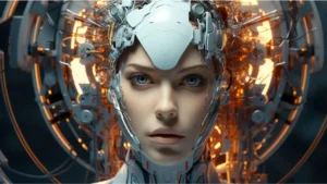 Imagem criada por Inteligência Artificial do rosto de uma mulher com partes de robô.