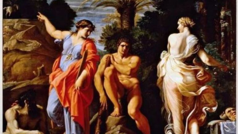 Foto de uma pintura da Escolha de Herácles, que tem Hércules ao centro tendo que escolher entre o caminho da virtude e o caminho do vício, é abordado por 2 mulheres.