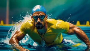Imagem feita por IA de um nadador branco e barbudo, na piscina, todo molhado, na pose de quem vai continuar nadando, musculoso vestindo blusa colada, óculos de natação azul, toca azul de natação e short azul, colar de barbante preto com uma peça na cor prata pendurada. O fundo está desfocado mas aparece a margem da piscina olímpica.