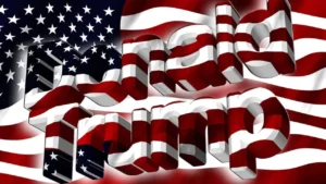 imagem da bandeira dos EUA, com relevo do nome DONALD TRUMP