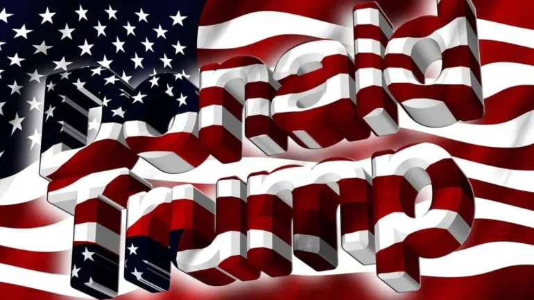 imagem da bandeira dos EUA, com relevo do nome DONALD TRUMP