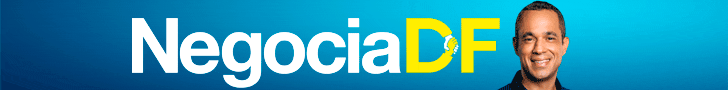 banner publicitário com os dizeres NEGOCIADF escrito em branco e amarelo, com o fundo azul claro.