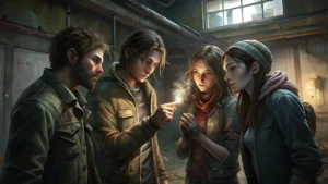 Imagem criada por IA de 2 moças e 2 rapazes, vestindo roupas jeans olhando para o dedo de um dos jovens que está segurando algo em chamas. O ambiente da imagem parece um depósito escuro. E no alto, ao fundo, uma janela de vidro deixa entrar a luminosidade do dia.