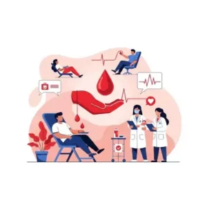 desenho nas cores vermelha, branca e azul de pessoas doando sangue, a logomarca do hemocentro de Brasília no centro (uma mão vermelha em concha recebendo uma gota vermelha), uma mo;a deitada doando sangue, 2 homens doano sangue, 2 enfermeiras em pé assistindo.