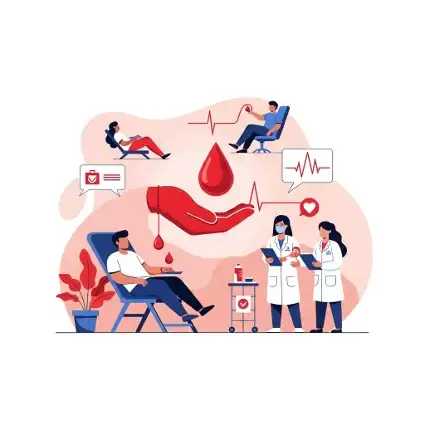 hemocentro de brasília desenho nas cores vermelha, branca e azul de pessoas doando sangue, a logomarca do hemocentro de Brasília no centro (uma mão vermelha em concha recebendo uma gota vermelha), uma mo;a deitada doando sangue, 2 homens doano sangue, 2 enfermeiras em pé assistindo.