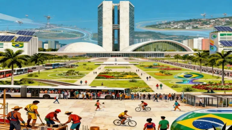 Imagem feita pela IA do Congresso Nacional em Brasília, com milhares de pessoas andando, pedalando nas bicicletas, operários trabalhando, Ônibus cheios de passageiros dentro e saindo. A imagem é bem colorida.