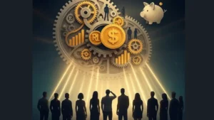 imagem da sombra de nove pessoas em pé olhando para uma engrenagem enorme com símbolos de dollar e à direita um cofrinho no formato de um porquinho. A imagem está nas cores preto, cinza e amarelo.