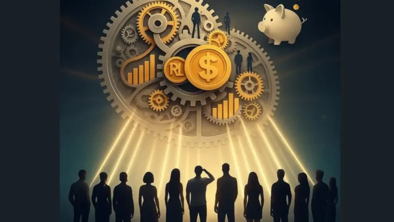 imagem da sombra de nove pessoas em pé olhando para uma engrenagem enorme com símbolos de dollar e à direita um cofrinho no formato de um porquinho. A imagem está nas cores preto, cinza e amarelo.