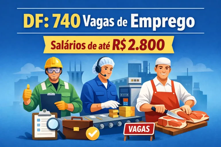 banner com imagem de trabalhadores com os dizeres DF: 740 Vagas de Emprego salários de até R$ 2.800,00