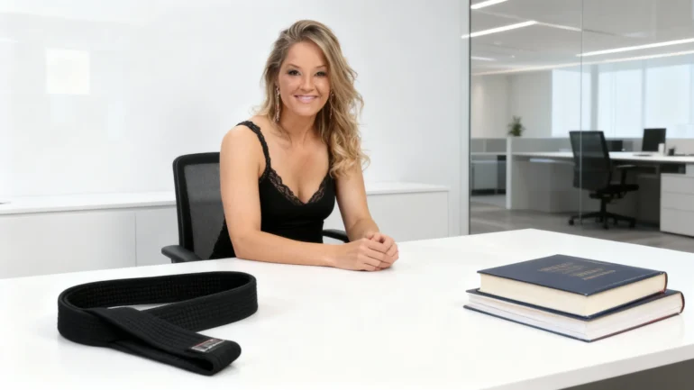 imagem da Carla Ribeiro sentada, com a faixa preta ao lado e livro do mestrado.