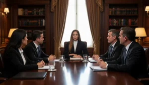 foto de uma mulher loira bonita, sentada à mesa, na cabeceria da mesa de reunião retangular de madeira escura, vestindo blazer azul marinho com blusa branca, reunida com 4 homens vestindo terno. O ambiente é de um escritório colonial clássico de madeiras escuras e cortinas espessas.