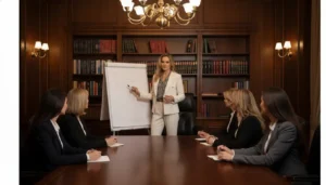 uma bela mulher alta e loira executiva, em pé, vestindo conjunto de blazer branco e blusa estampada preta, dando à frente de um flipchart com a caneta na mão explicando para outras 5 executivas vestindo blazeres na cor azul marinho e olhando para ela. O ambiente é de um escritório colonial e as 5 advogadas estão sentadas à mesa.
