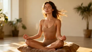 Uma bela mulher morena, com os cabelos compridos soltos, com olhos fechados em posição de meditação, vestindo maiô bege, sentada sobre uma almofada bege. Ao fundo a parede cor marfim, e um vaso de planta. E à sua esquerda a luz do dia entrando e iluminando o ambiente.