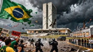 imagem do Congresso Nacional pegando fogo, vários manifestantes do lado de fora em conflito com a polícia, nuvens negras no céu e os edifícios do Congresso rachando.
