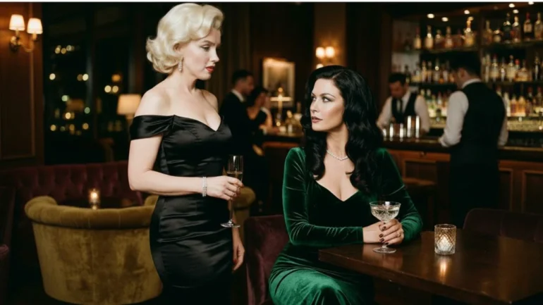 Imagem de uma mulher parecida com Marylin Monroe vestindo vestido preto tomara que caia, batmo vermelho, loira platinada e linda olhando para uma mulher, parecida com Catherine Zeta Jones, vestida de vestido verde musgo, cabelos castanhos, batom vermelho sentada ao balcão de um elegante bar e segurando uma taça de martin. Ao fundo um homem vestido de terno e 2 garçom, em um ambiente bem elegante e clássico com móveis escuros.