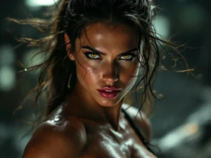 imagem do rosto de uma linda mulher com um olhos cor de mel, morena, cabelos castanhos escuros com os ombros desnudos e corpo suado.