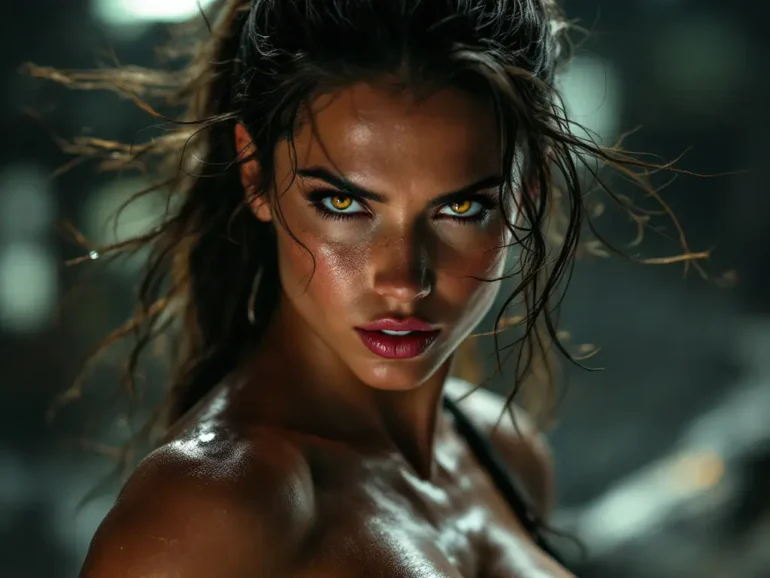 imagem do rosto de uma linda mulher com um olhos cor de mel, morena, cabelos castanhos escuros com os ombros desnudos e corpo suado.
