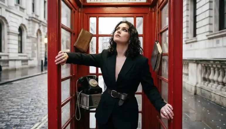 uma mulher branca de cabelos castanhos bonita e sensual com um tayer preto, dentro de uma cabine telef&ocirc;nica vermelha com vidros, do estilo das de Londres, olhando para o teto e com os bra&ccedil;os abertos e apoiados na entrada.