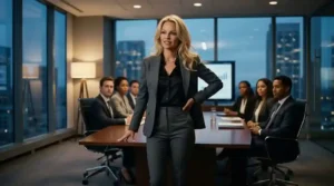 Imagem de uma linda mulher executiva loira, vestindo um conjunto de blazer cinza com blusa preta de frente com a mão esquerda na cintura e a outra na mesa de reunião escura que tem 5 outras pessoas sentadas olhando para ela. Ao fundo uma tela grande e janelas amplas do elegante escritório, que tem um abaju no canto esquerdo.