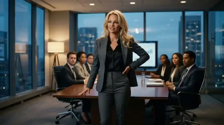 Imagem de uma linda mulher executiva loira, vestindo um conjunto de blazer cinza com blusa preta de frente com a m&atilde;o esquerda na cintura e a outra na mesa de reuni&atilde;o escura que tem 5 outras pessoas sentadas olhando para ela. Ao fundo uma tela grande e janelas amplas do elegante escrit&oacute;rio, que tem um abaju no canto esquerdo.